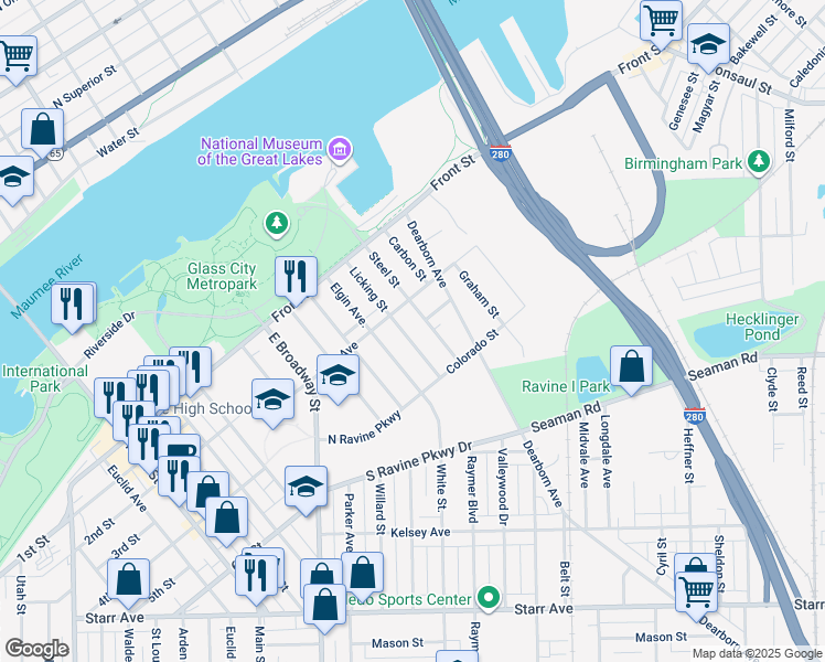 map of restaurants, bars, coffee shops, grocery stores, and more near 213 Licking Street in Toledo