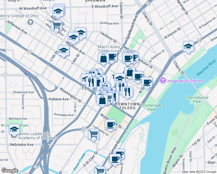 map of restaurants, bars, coffee shops, grocery stores, and more near 715 Jefferson Avenue in Toledo