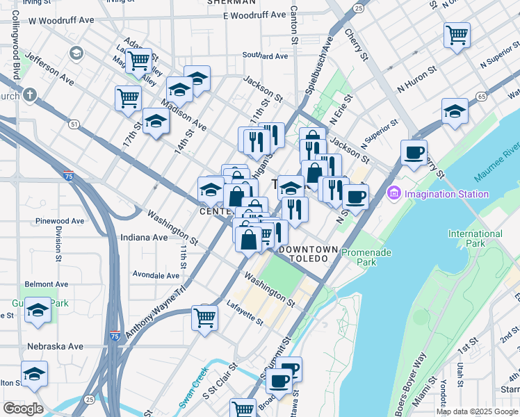 map of restaurants, bars, coffee shops, grocery stores, and more near 715 Jefferson Avenue in Toledo