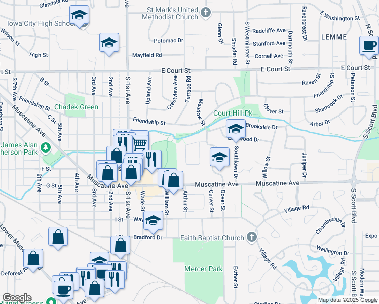 map of restaurants, bars, coffee shops, grocery stores, and more near 2609 Catskill Court in Iowa City