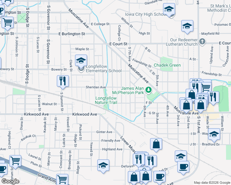 map of restaurants, bars, coffee shops, grocery stores, and more near 1503 Sheridan Avenue in Iowa City