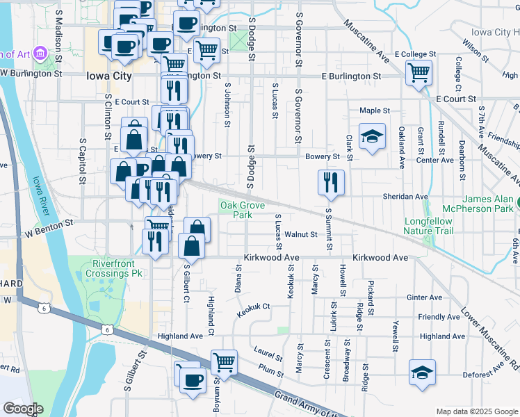 map of restaurants, bars, coffee shops, grocery stores, and more near 814 Page Street in Iowa City