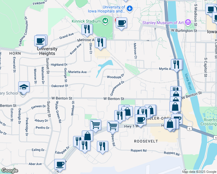 map of restaurants, bars, coffee shops, grocery stores, and more near 703 Carriage Hill in Iowa City