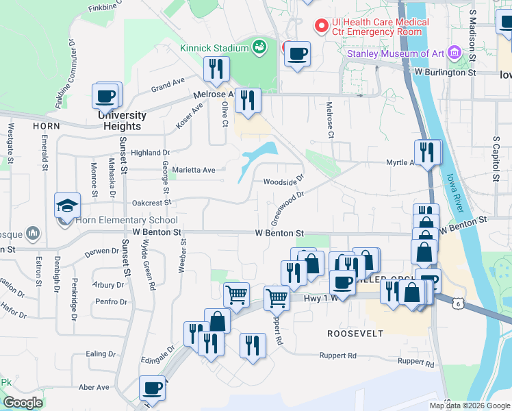 map of restaurants, bars, coffee shops, grocery stores, and more near 703 Carriage Hill in Iowa City