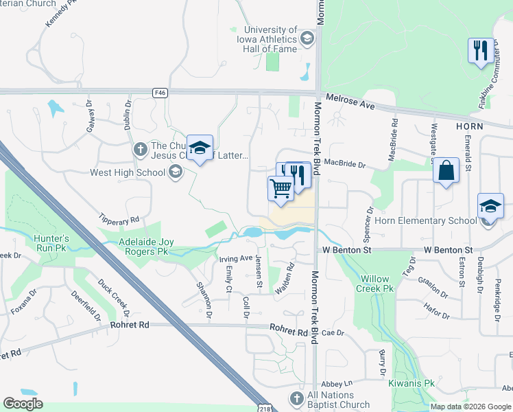 map of restaurants, bars, coffee shops, grocery stores, and more near 734 Westwinds Drive in Iowa City