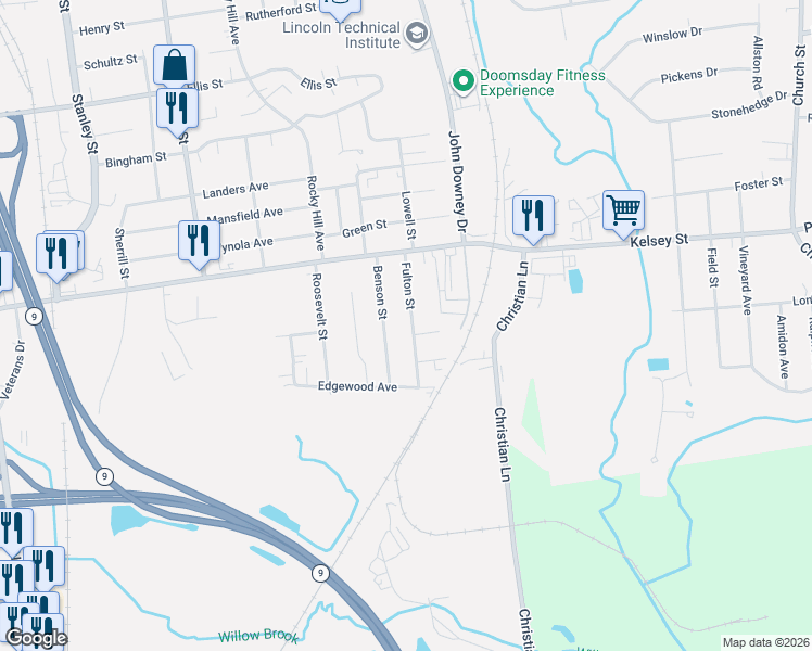 map of restaurants, bars, coffee shops, grocery stores, and more near 64 Benson Street in New Britain