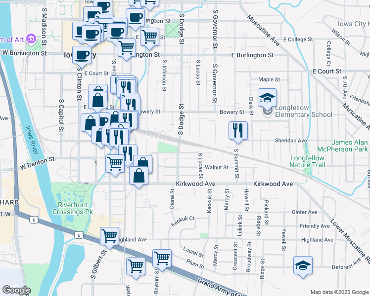 map of restaurants, bars, coffee shops, grocery stores, and more near 814 Page Street in Iowa City