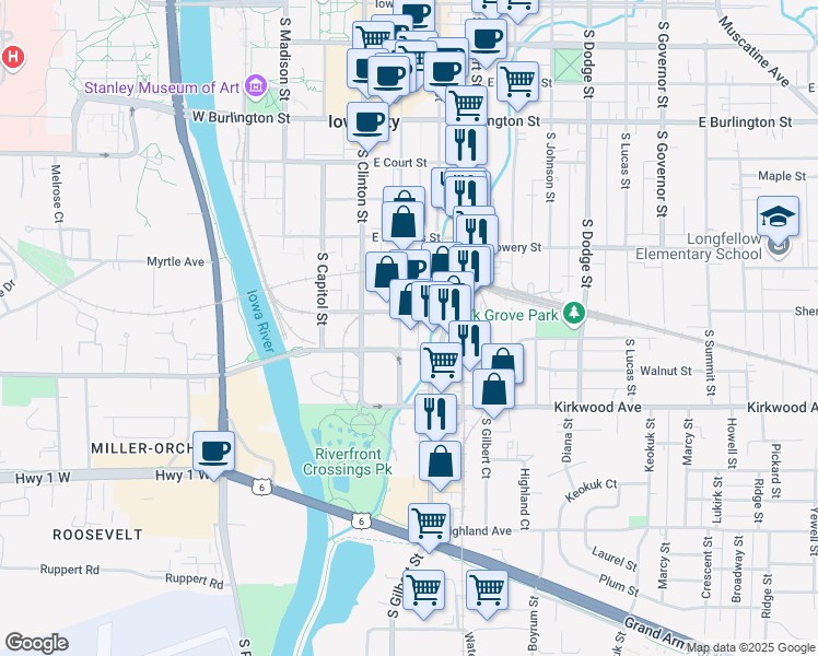 map of restaurants, bars, coffee shops, grocery stores, and more near 808 South Dubuque Street in Iowa City