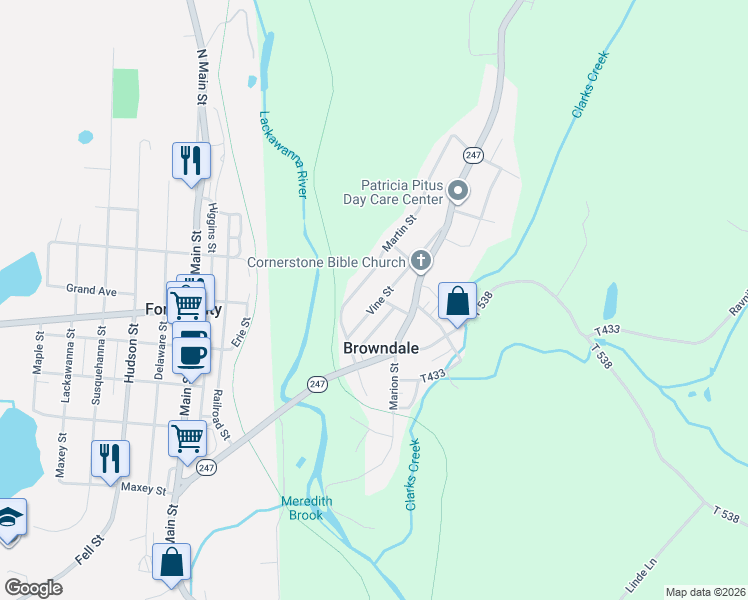 map of restaurants, bars, coffee shops, grocery stores, and more near 130 Martin St in Forest City