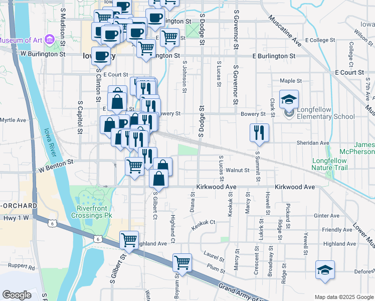 map of restaurants, bars, coffee shops, grocery stores, and more near 720 Page Street in Iowa City