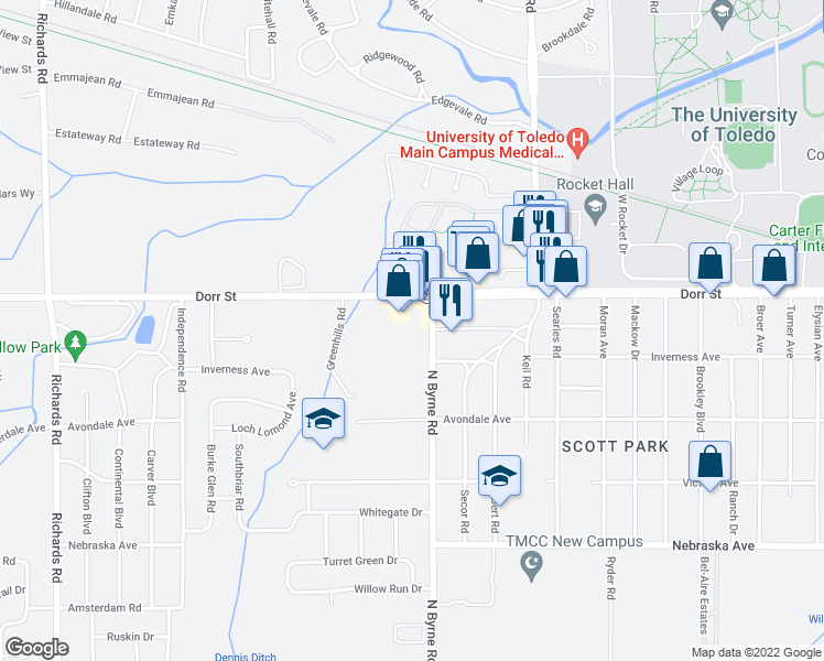 map of restaurants, bars, coffee shops, grocery stores, and more near 1133 North Byrne Road in Toledo