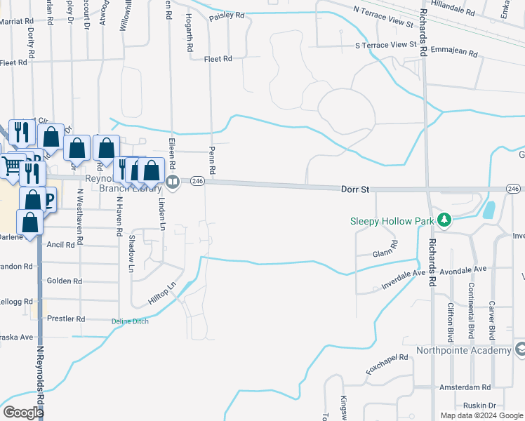 map of restaurants, bars, coffee shops, grocery stores, and more near 4601 Dorr Street in Toledo