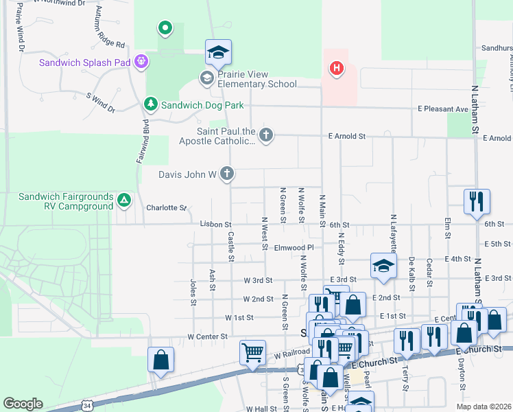 map of restaurants, bars, coffee shops, grocery stores, and more near 715 North West Street in Sandwich