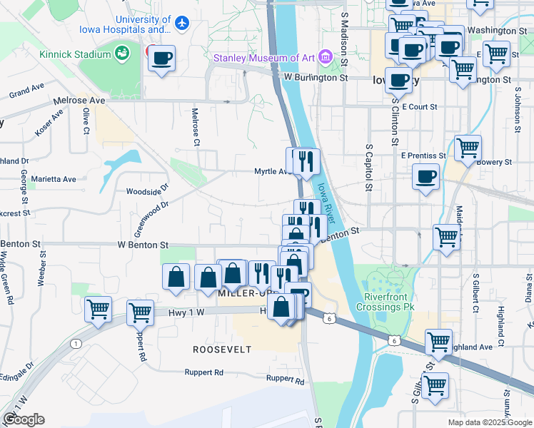 map of restaurants, bars, coffee shops, grocery stores, and more near 614 Orchard Court in Iowa City
