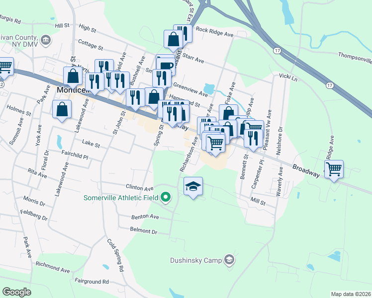 map of restaurants, bars, coffee shops, grocery stores, and more near 22 Richardson Court in Monticello