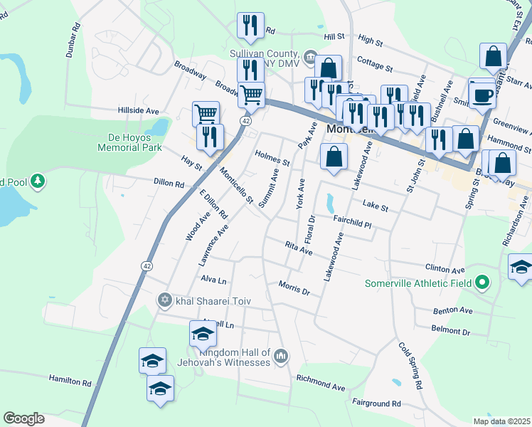map of restaurants, bars, coffee shops, grocery stores, and more near 72 Park Avenue in Monticello