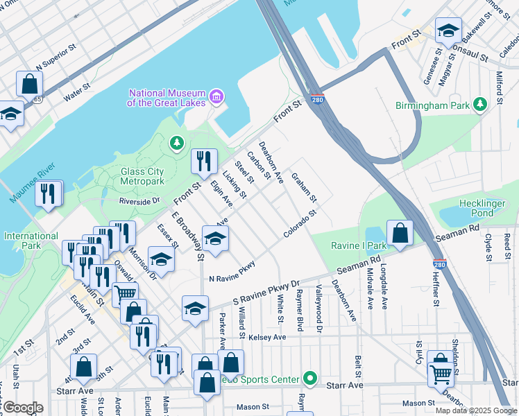map of restaurants, bars, coffee shops, grocery stores, and more near 213 Licking Street in Toledo