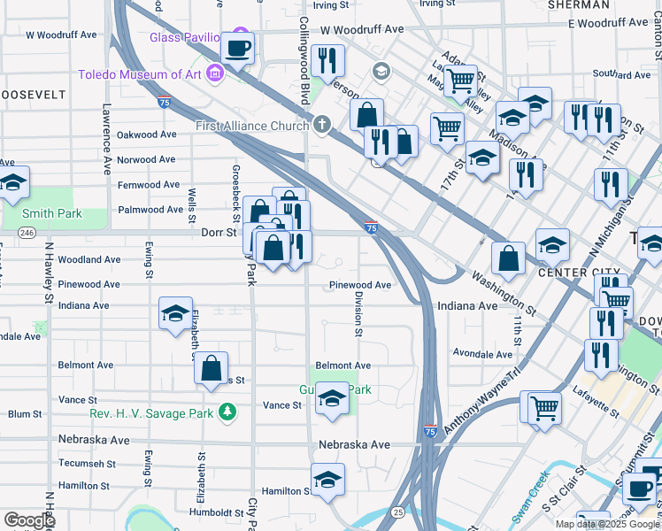 map of restaurants, bars, coffee shops, grocery stores, and more near 413 Woodland Ave in Toledo
