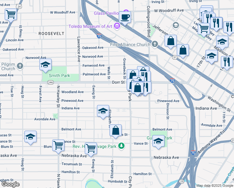 map of restaurants, bars, coffee shops, grocery stores, and more near 633 Woodland Avenue in Toledo