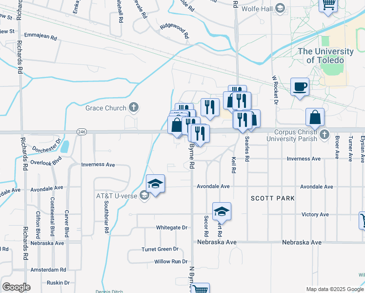 map of restaurants, bars, coffee shops, grocery stores, and more near 1133 North Byrne Road in Toledo