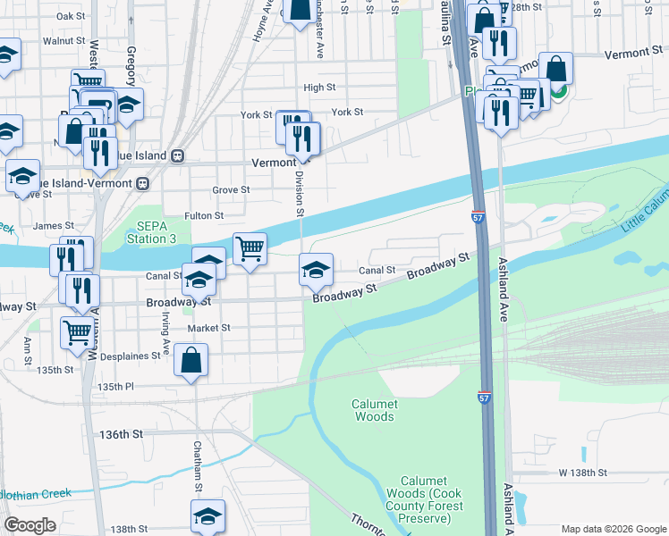 map of restaurants, bars, coffee shops, grocery stores, and more near 1936 Canal Street in Blue Island