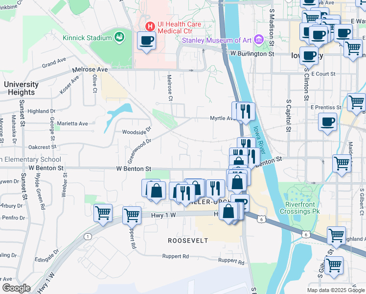 map of restaurants, bars, coffee shops, grocery stores, and more near 740 Michael Street in Iowa City