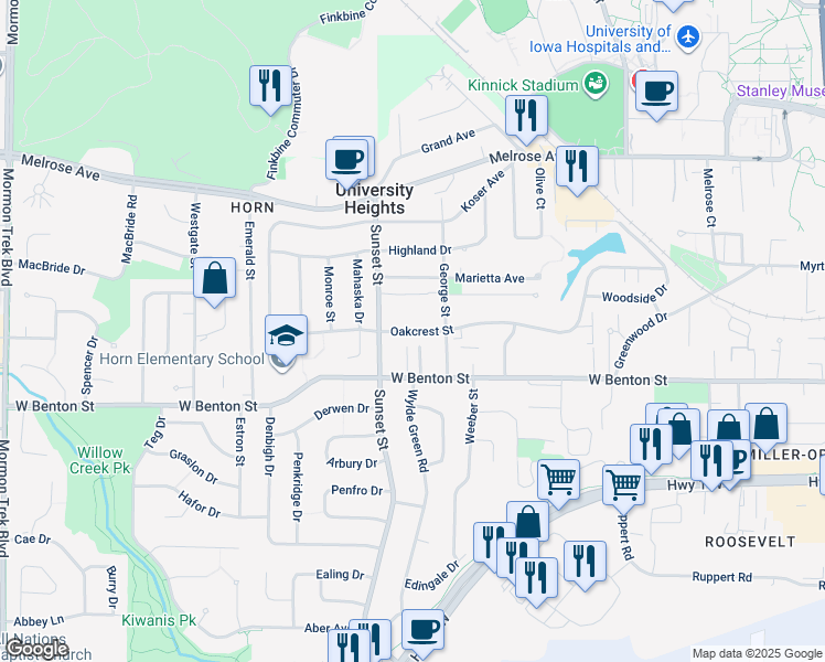 map of restaurants, bars, coffee shops, grocery stores, and more near 1308 Oakcrest Street in Iowa City