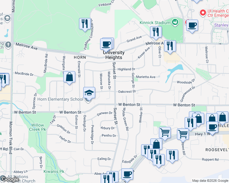 map of restaurants, bars, coffee shops, grocery stores, and more near 1342 Oakcrest Street in Iowa City