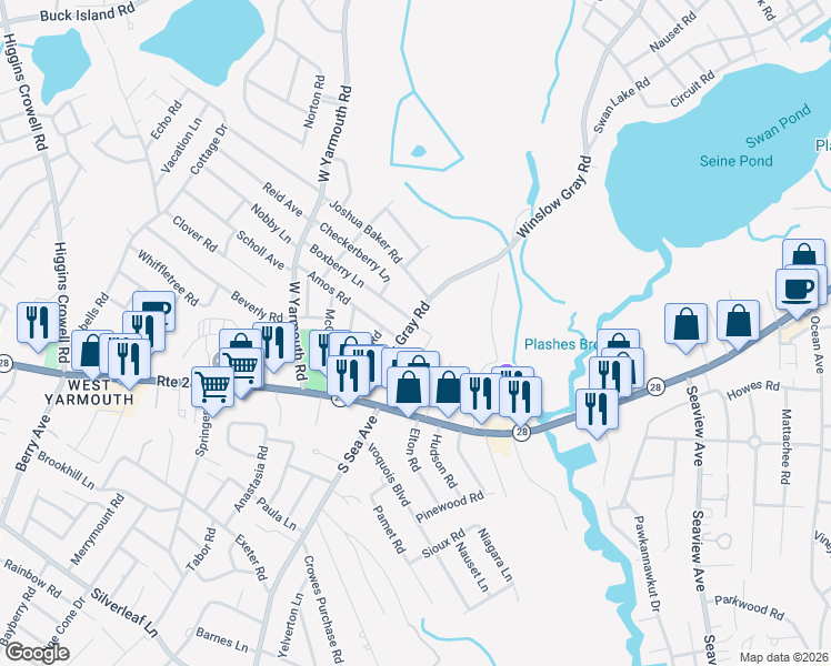 map of restaurants, bars, coffee shops, grocery stores, and more near 46 Winslow Gray Road in Yarmouth