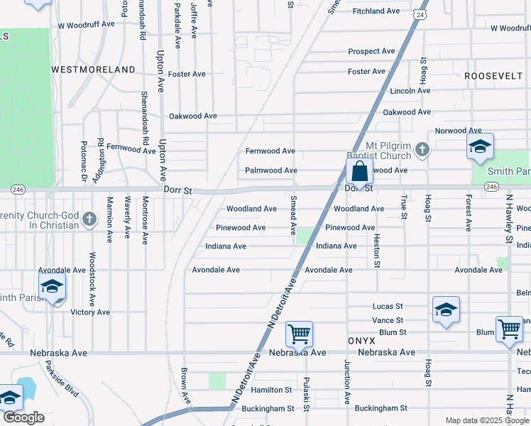 map of restaurants, bars, coffee shops, grocery stores, and more near 1563 Woodland Avenue in Toledo