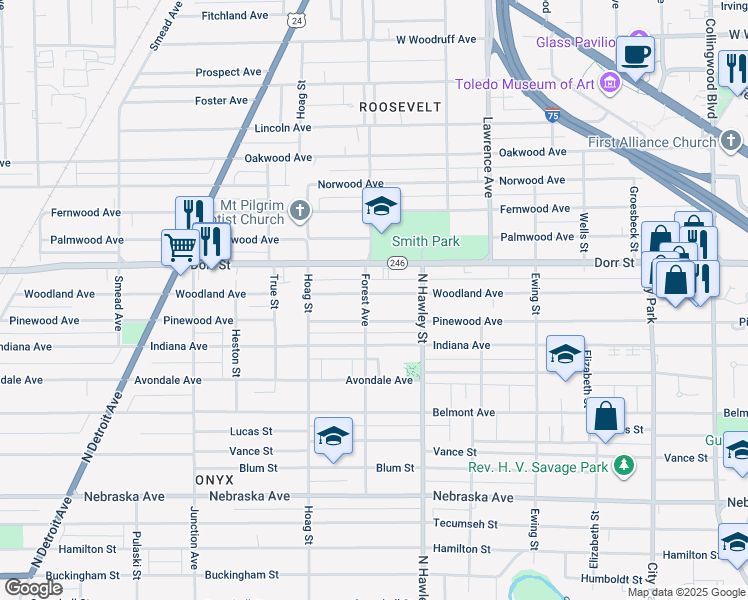 map of restaurants, bars, coffee shops, grocery stores, and more near 1053 Woodland Avenue in Toledo