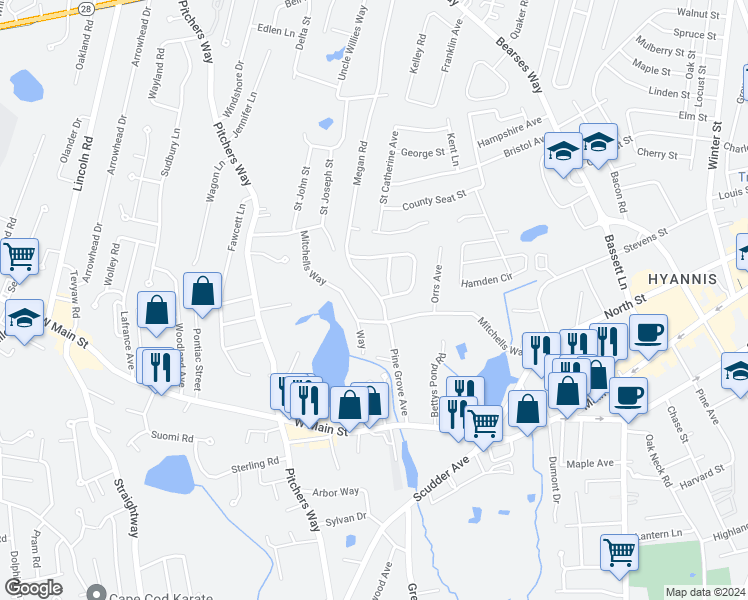 map of restaurants, bars, coffee shops, grocery stores, and more near 371 Megan Road in Barnstable