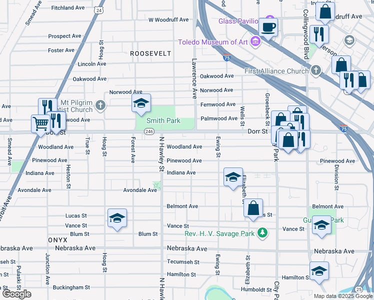 map of restaurants, bars, coffee shops, grocery stores, and more near 921 Woodland Avenue in Toledo