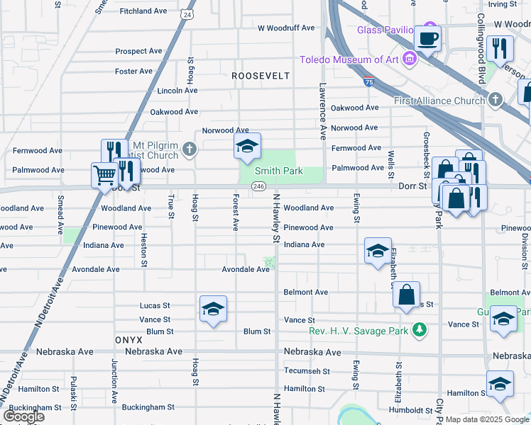 map of restaurants, bars, coffee shops, grocery stores, and more near 1015 Woodland Avenue in Toledo