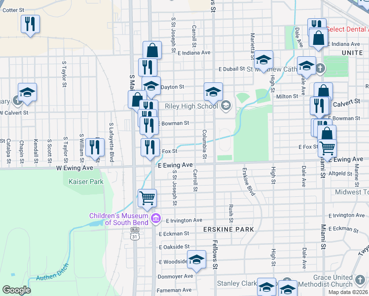 map of restaurants, bars, coffee shops, grocery stores, and more near 219 East Fox Street in South Bend