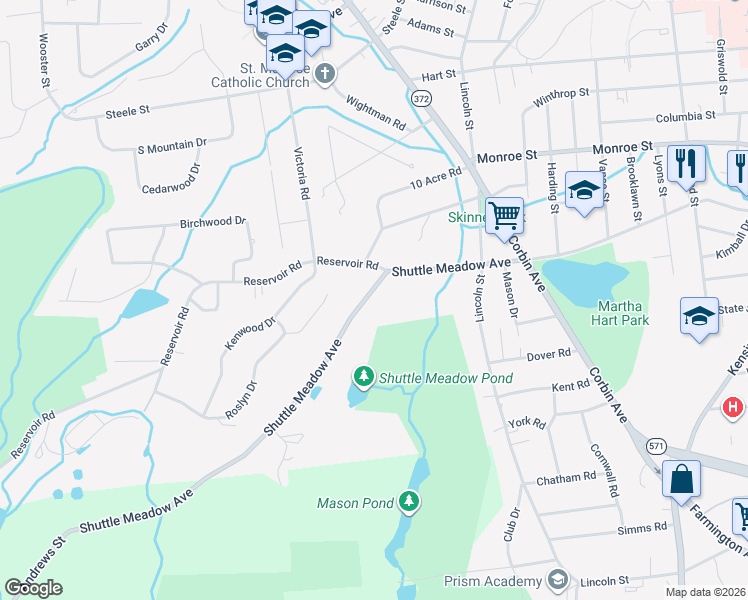 map of restaurants, bars, coffee shops, grocery stores, and more near 484 Shuttle Meadow Avenue in New Britain