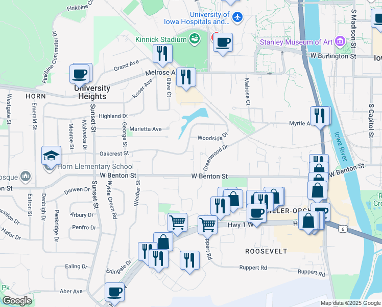 map of restaurants, bars, coffee shops, grocery stores, and more near 703 Carriage Hill in Iowa City