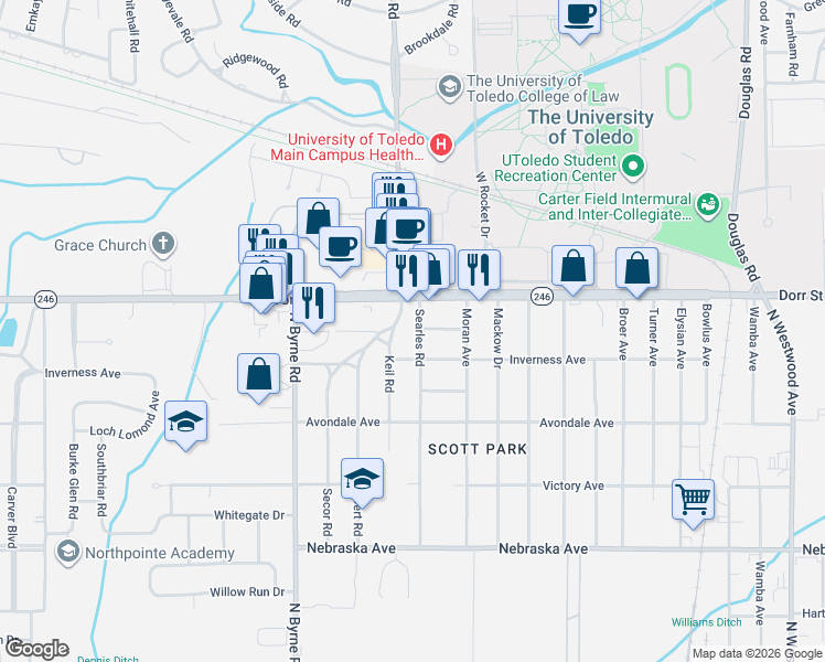 map of restaurants, bars, coffee shops, grocery stores, and more near 3348 Downing Avenue in Toledo