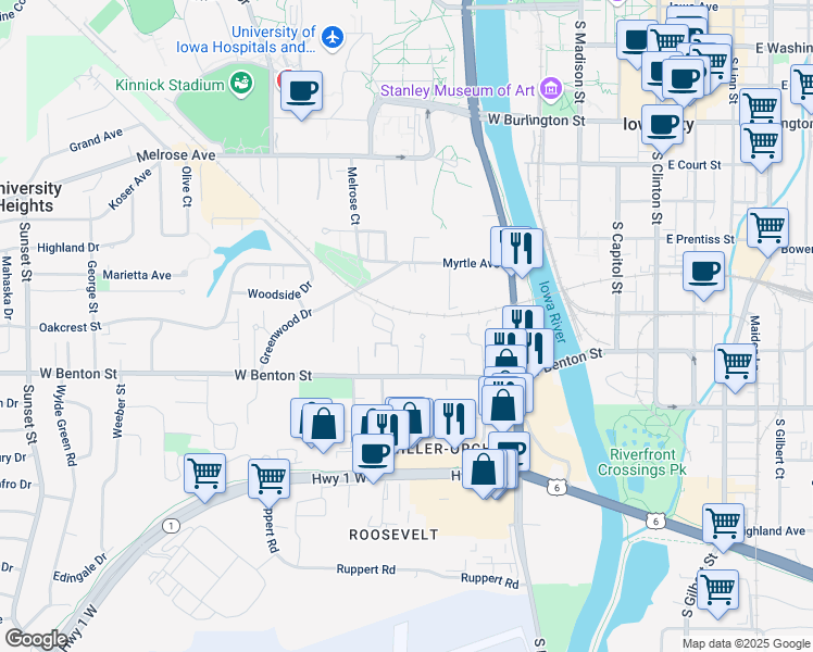 map of restaurants, bars, coffee shops, grocery stores, and more near 736 Michael Street in Iowa City