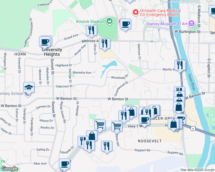 map of restaurants, bars, coffee shops, grocery stores, and more near 703 Carriage Hill in Iowa City