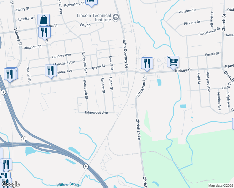 map of restaurants, bars, coffee shops, grocery stores, and more near 20 Hudson Place in New Britain