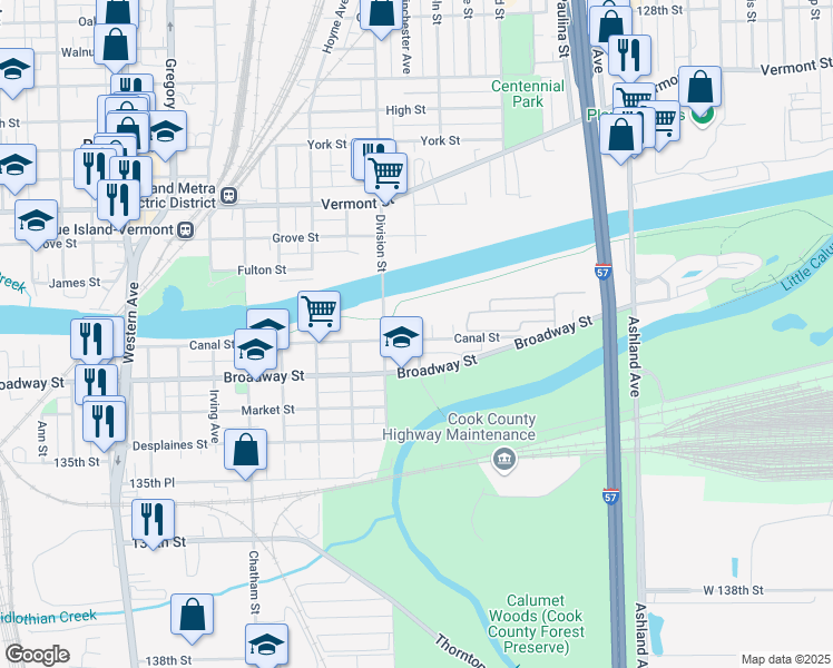 map of restaurants, bars, coffee shops, grocery stores, and more near 1936 Canal Street in Blue Island