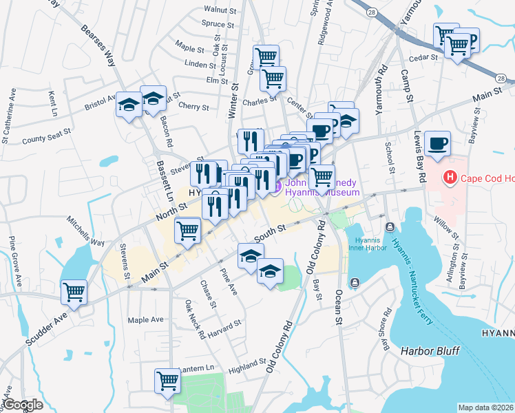 map of restaurants, bars, coffee shops, grocery stores, and more near 427 Main Street in Barnstable