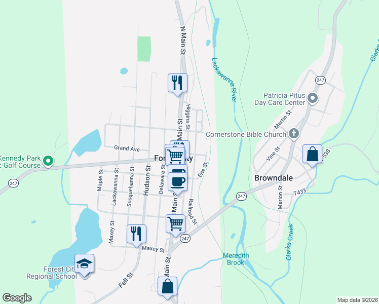 map of restaurants, bars, coffee shops, grocery stores, and more near 705 Railroad Street in Forest City