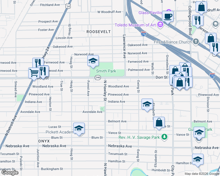 map of restaurants, bars, coffee shops, grocery stores, and more near 959 Woodland Avenue in Toledo