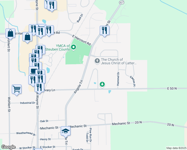 map of restaurants, bars, coffee shops, grocery stores, and more near 1410 Shire Drive in Angola