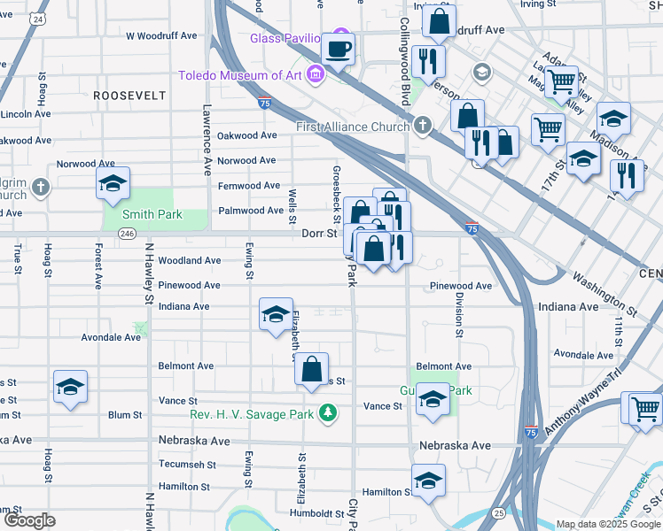 map of restaurants, bars, coffee shops, grocery stores, and more near 621 Woodland Avenue in Toledo