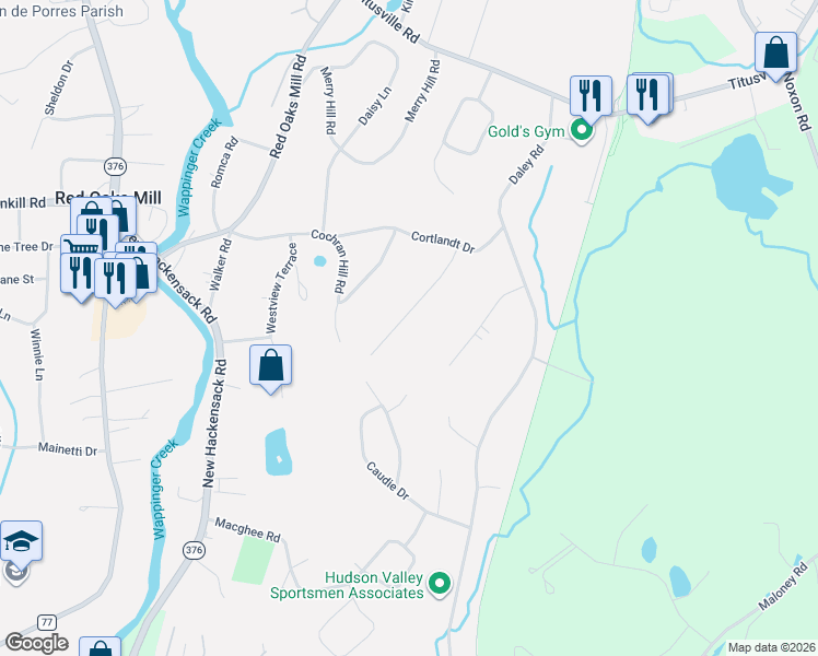 map of restaurants, bars, coffee shops, grocery stores, and more near 18 Robin Hill Road in Poughkeepsie