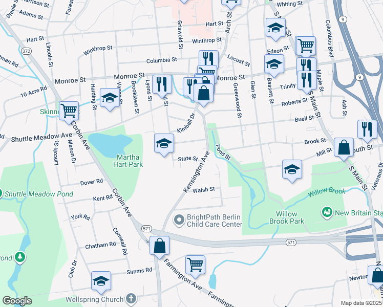 map of restaurants, bars, coffee shops, grocery stores, and more near 29 State Street in New Britain