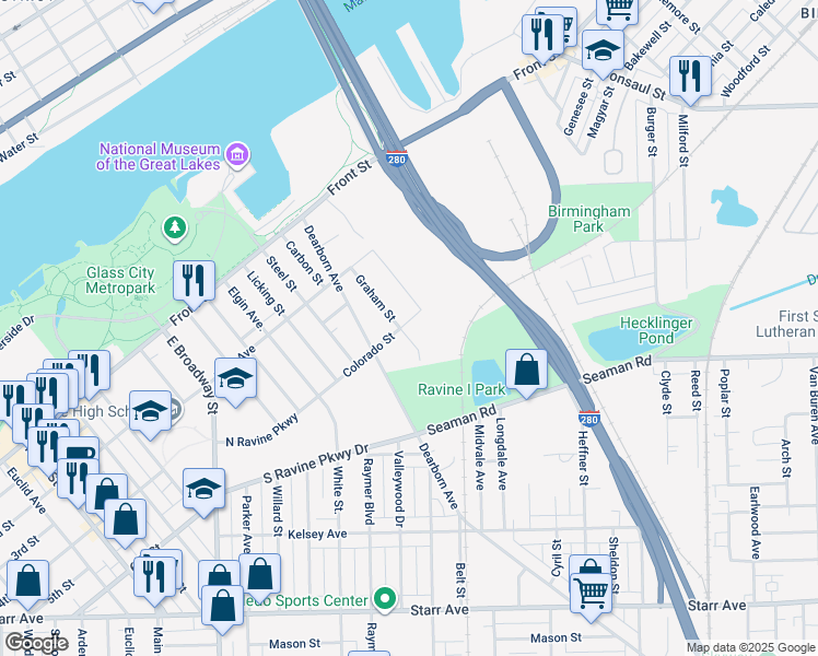 map of restaurants, bars, coffee shops, grocery stores, and more near 1584 Colorado Street in Toledo